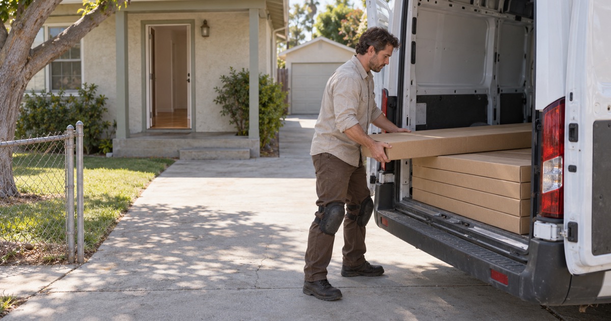 Worker sliding a carton of oak flooring out of a plain work van on the driveway of a Bellflower house.