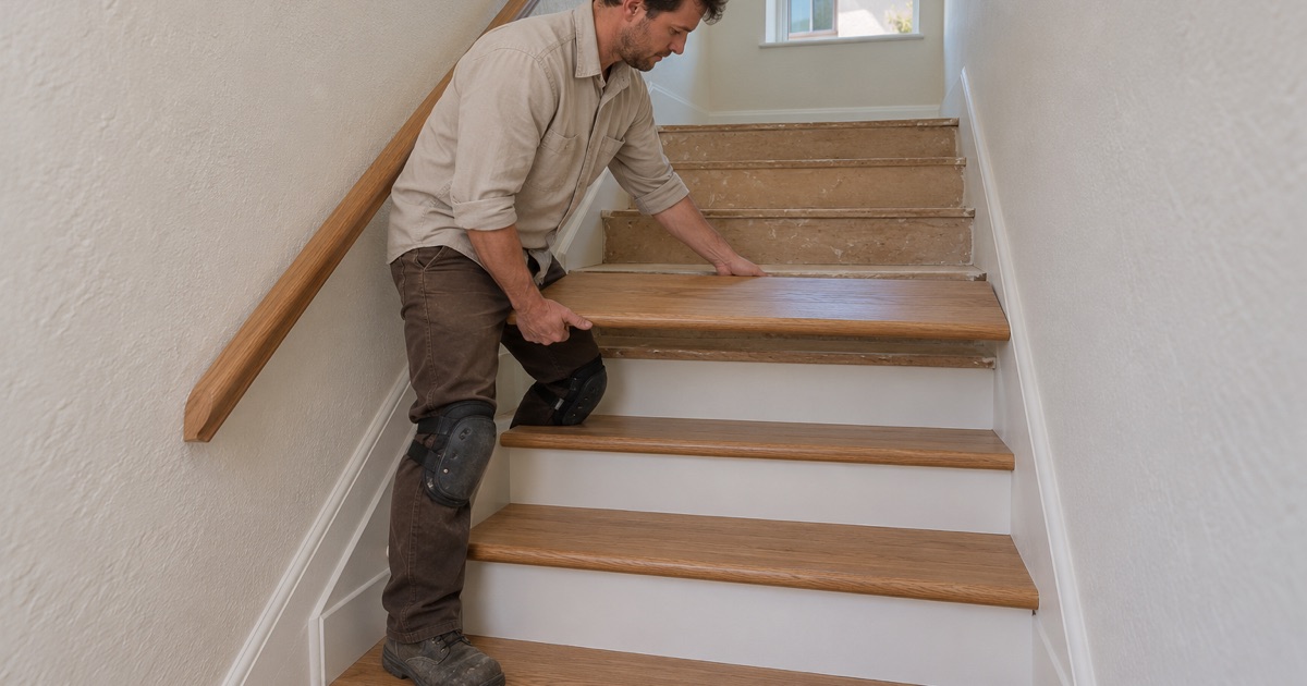 Worker lowering a new red oak stair tread with a bullnose edge onto its step in a Bellflower townhouse.