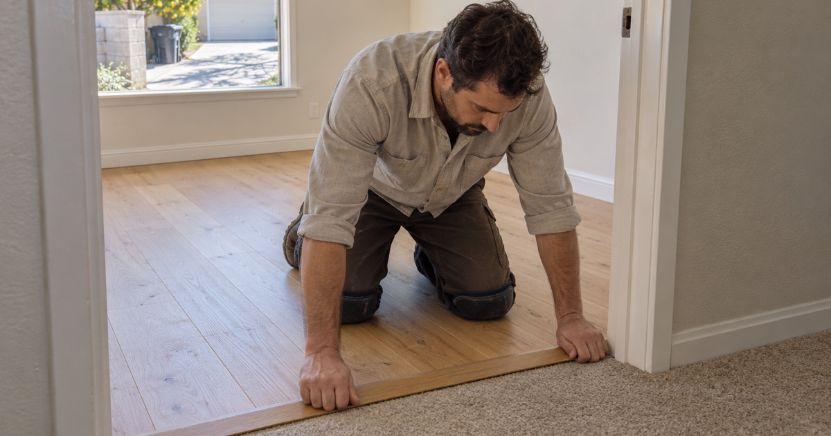 Worker pressing an oak transition strip into place where a new oak floor meets hallway carpet in a Bellflower house.
