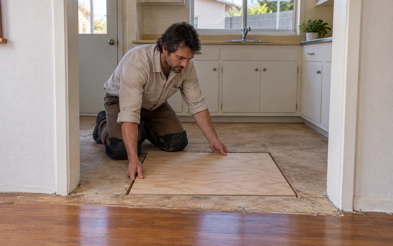 Worker lowering a new plywood panel into a cut-out section of subfloor before the oak goes back down in a Bellflower home.