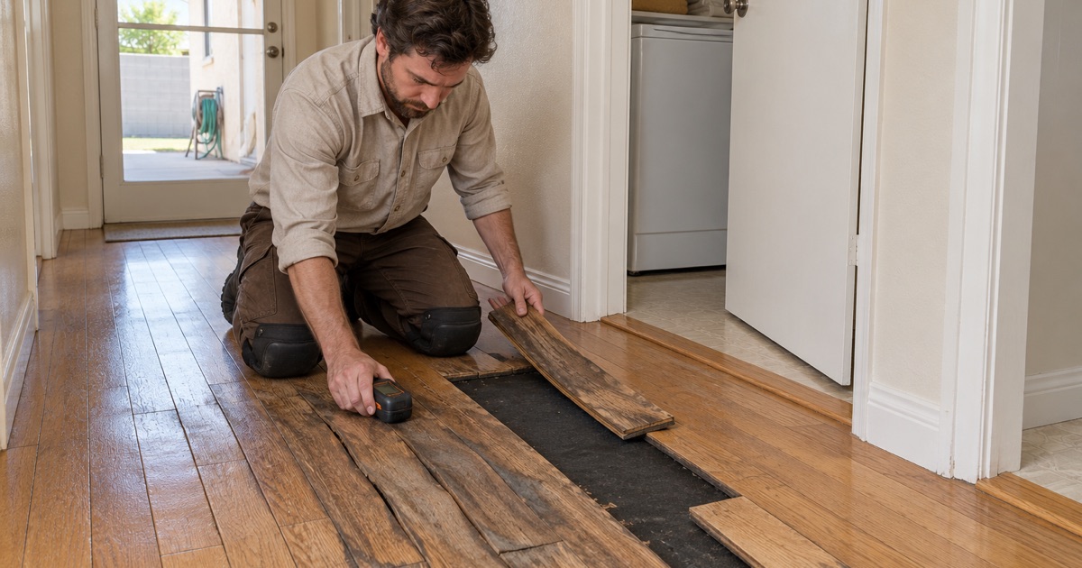 Worker pressing a moisture meter onto a cupped, water-darkened oak board beside a laundry closet in Bellflower.