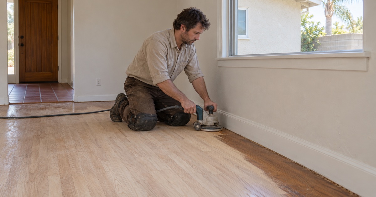 Worker running an edger along the wall to sand the last band of old finish off red oak strips in a Bellflower living room.