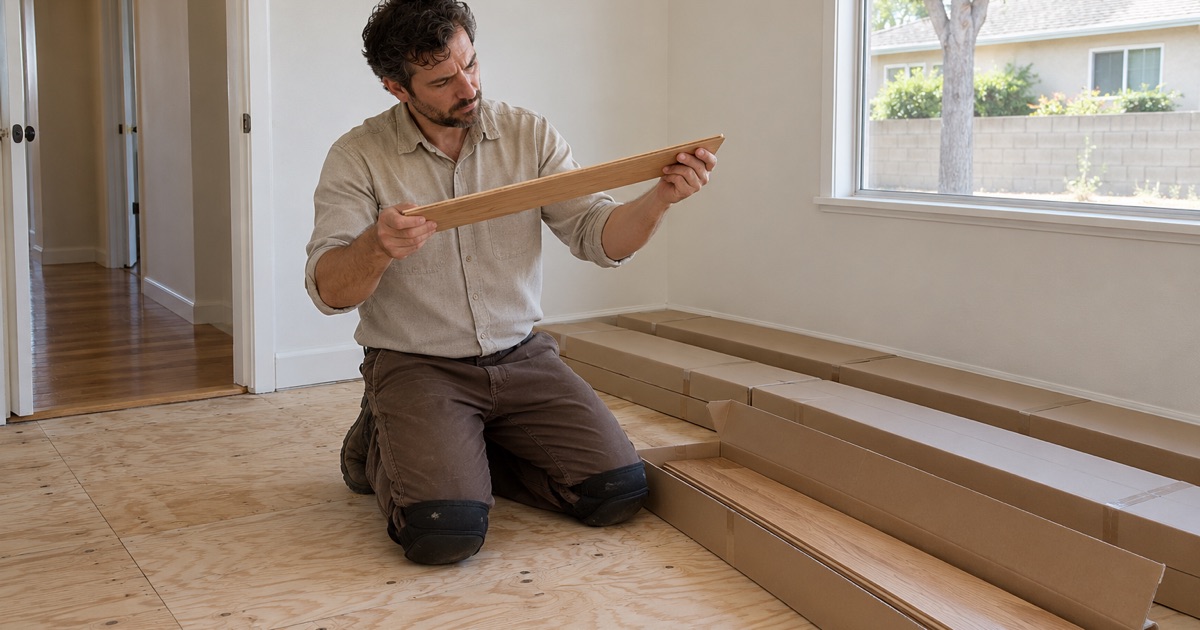Worker checking a new oak board for cupping before installation in an Artesia home.