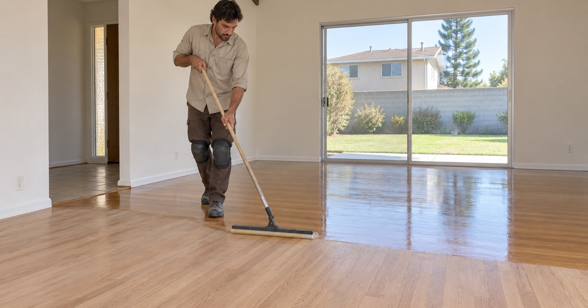 Worker walking backward spreading finish over sanded oak in an empty 1970s rented tract house in Cerritos.