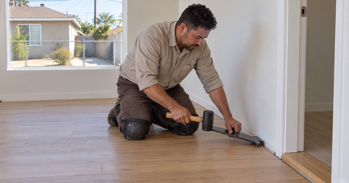 Worker closing the last row of an engineered plank floor with a pull bar in a converted garage unit in Compton.