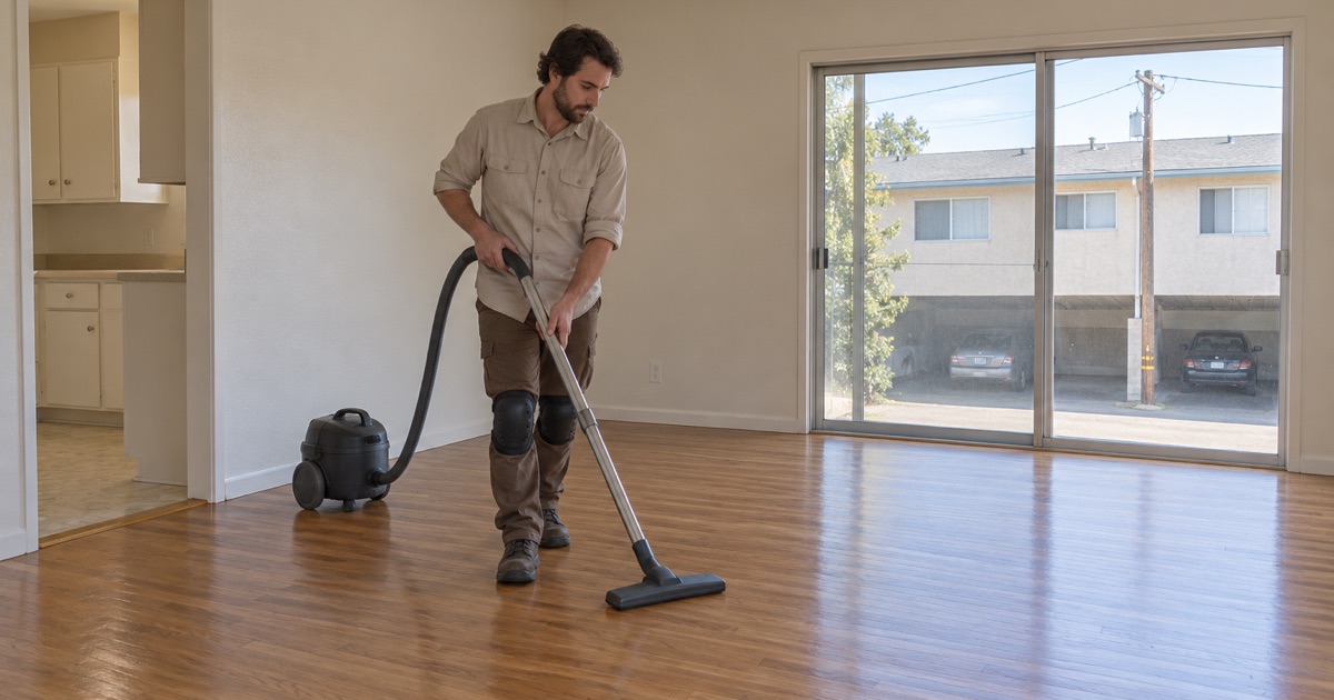 Repaired and recoated oak strip floor being vacuumed between tenants in Cudahy.
