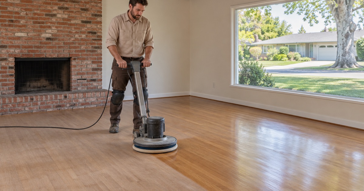 Worker screening a sound red oak floor with a buffer in a 1950s Downey ranch house with a used-brick fireplace.