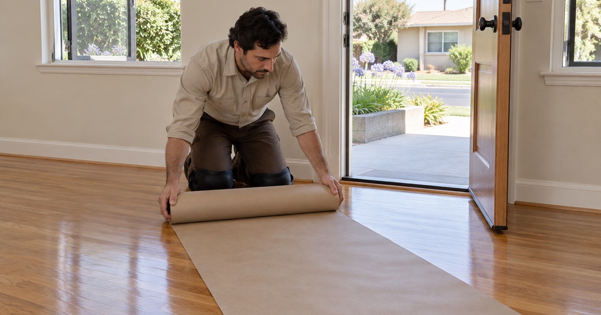 Worker laying protective paper over a freshly finished oak floor with the windows open in El Segundo.