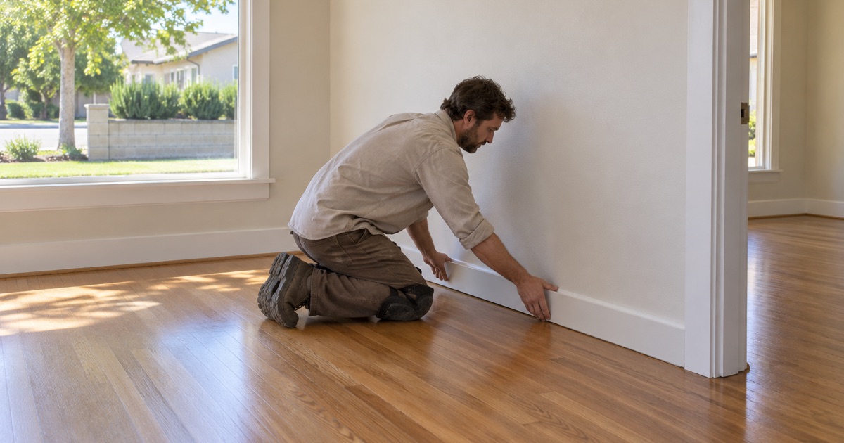 Refinished oak strip floor and new baseboard in an older Hawaiian Gardens house.