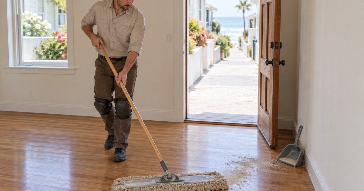Worker dust-mopping fine sand off a refinished oak floor at the entry of a Hermosa Beach walk-street cottage.
