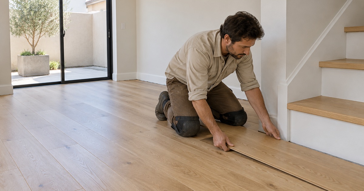 New oak plank floor going in at the stair of a multi-story home in La Mirada.