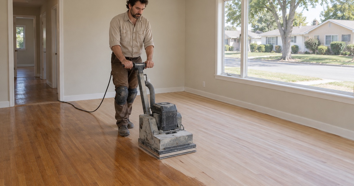 Worker guiding a square orbital sander across the oak floor of a 1950s Lakewood Park house.