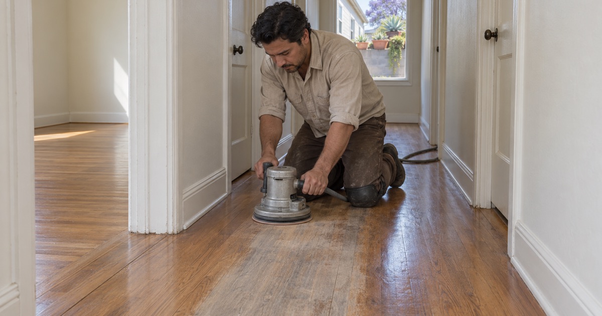 Worker sanding out a worn traffic lane in the oak hallway floor of a busy Lynwood family home.
