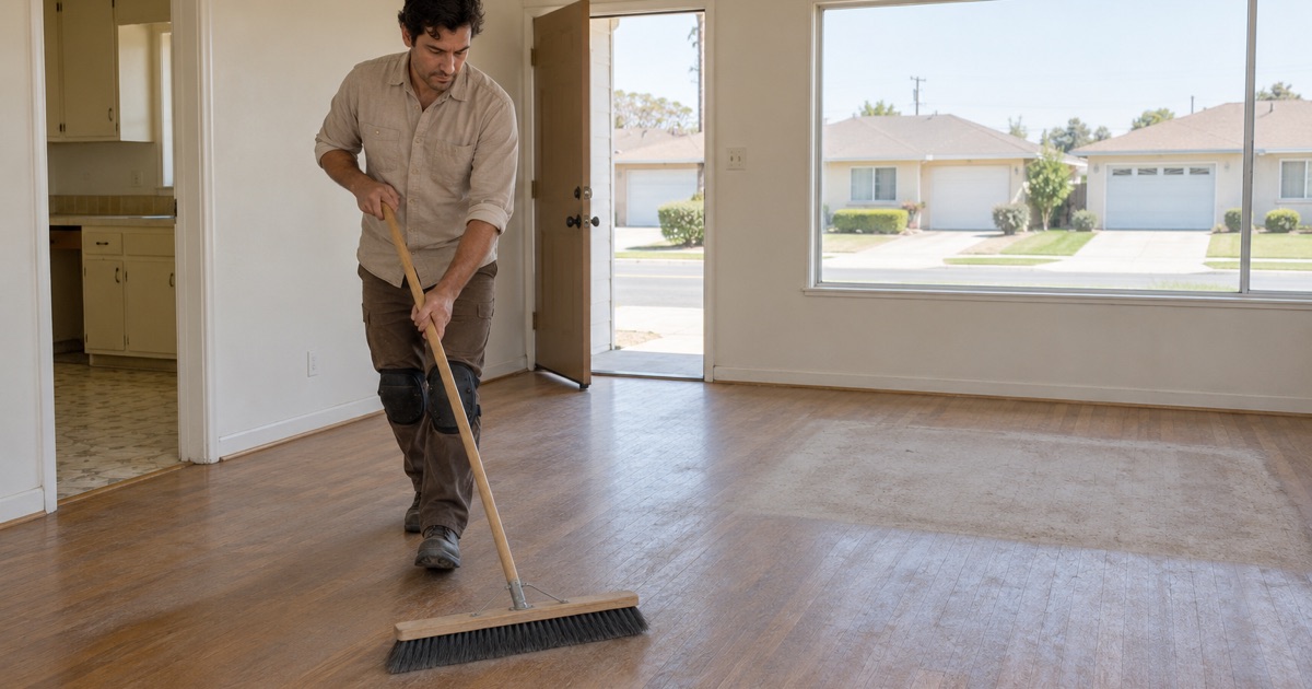 Worker sweeping a dusty red oak floor in an empty 1950s tract house in Norwalk before refinishing.
