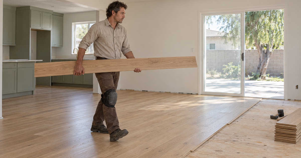 Worker carrying a long white oak plank through a remodeled great room in a 1950s Paramount house.