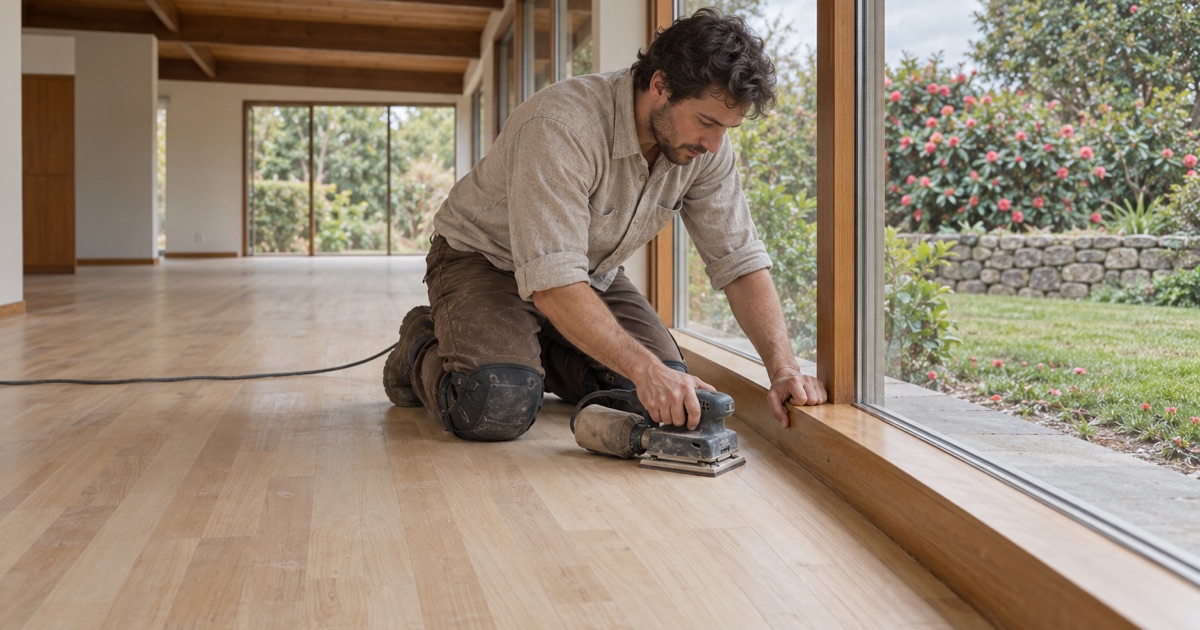 Worker sanding hardwood strip flooring beside a glass wall in a 1960s San Marino ranch house.