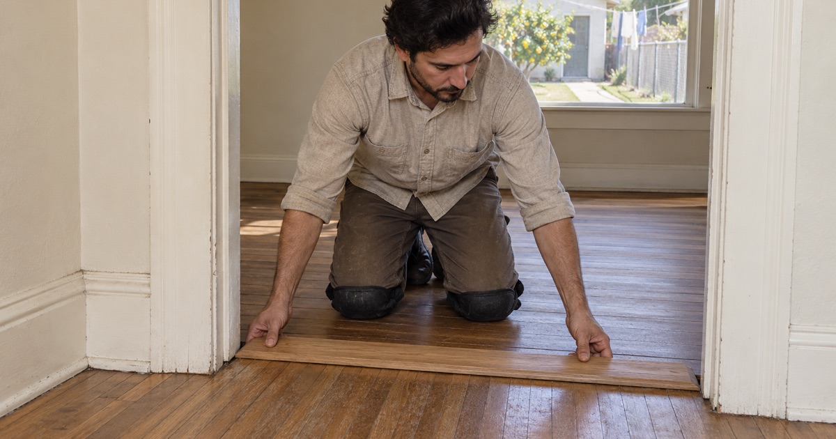 Worker fitting an oak threshold where two different strip floors meet in an owner-built South Gate house.