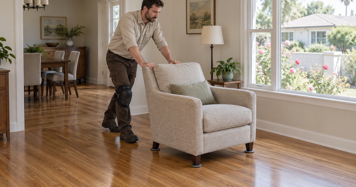 Furniture returned room by room onto a refinished oak floor in a South Whittier house.