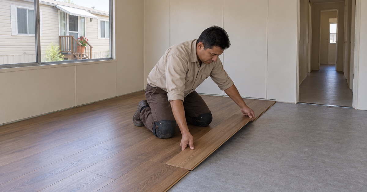 Worker clicking an engineered plank into place over the existing floor of a manufactured home in West Whittier-Los Nietos.
